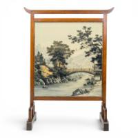 E. W. Godwin. An Anglo-Japanese Mahogany Fire Screen with Original Silk Country Scene - Thumbnail 3