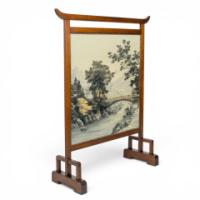 E. W. Godwin. An Anglo-Japanese Mahogany Fire Screen with Original Silk Country Scene