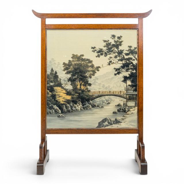 E. W. Godwin. An Anglo-Japanese Mahogany Fire Screen with Original Silk Country Scene