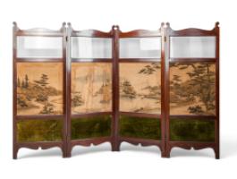 E. W. Godwin Attributed, an Anglo-Japanese Four-fold Screen with Japanese Silk Scenes - Thumbnail 1