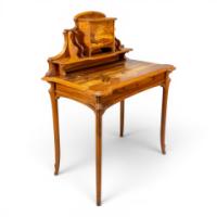 Emile Galle. Art Nouveau Walnut Writing Desk with Exceptional Inlaid Scenery