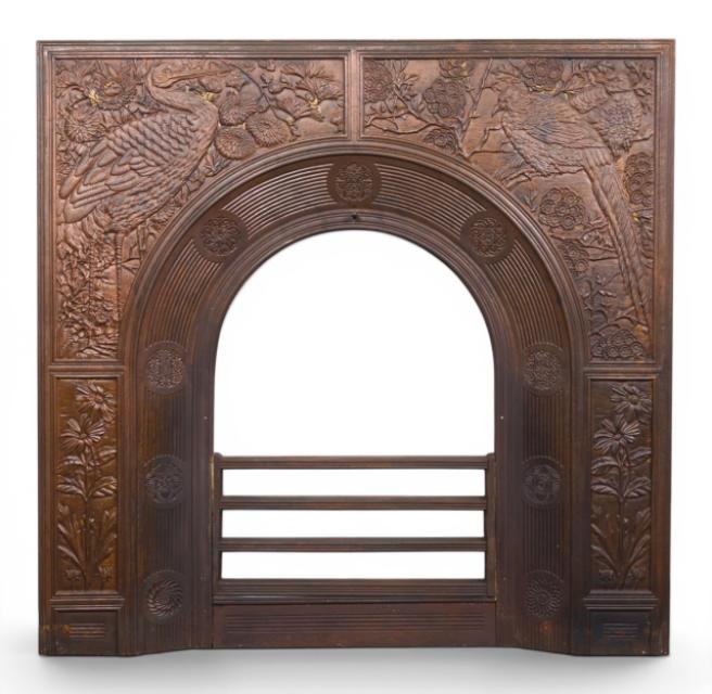 Thomas Jeckyll, Aesthetic Movement Cast Iron Fire Insert 'birds of paradise set amongst chrysanthemums and cherry blossom'