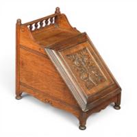 E. W. Godwin for Collinson & Lock. An Aesthetic Movement carved Oak coal box - Thumbnail 1