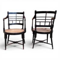 E. W. Godwin for William Watt. Rare pair of Old English or Jacobean ebonised curved back elbow chairs - Thumbnail 4