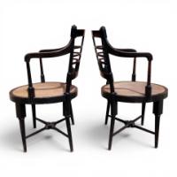 E. W. Godwin for William Watt. Rare pair of Old English or Jacobean ebonised curved back elbow chairs - Thumbnail 3