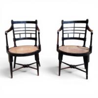 E. W. Godwin for William Watt. Rare pair of Old English or Jacobean ebonised curved back elbow chairs - Thumbnail 2